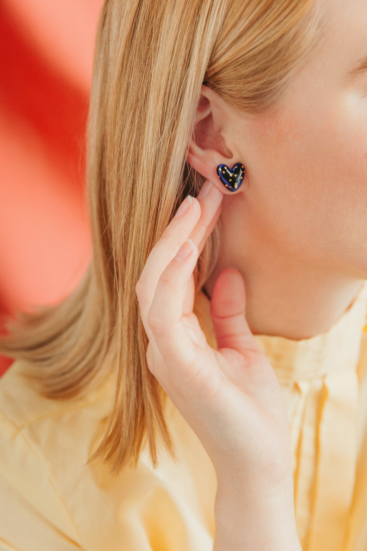 Dotted Porcelain Heart Studs - Blue